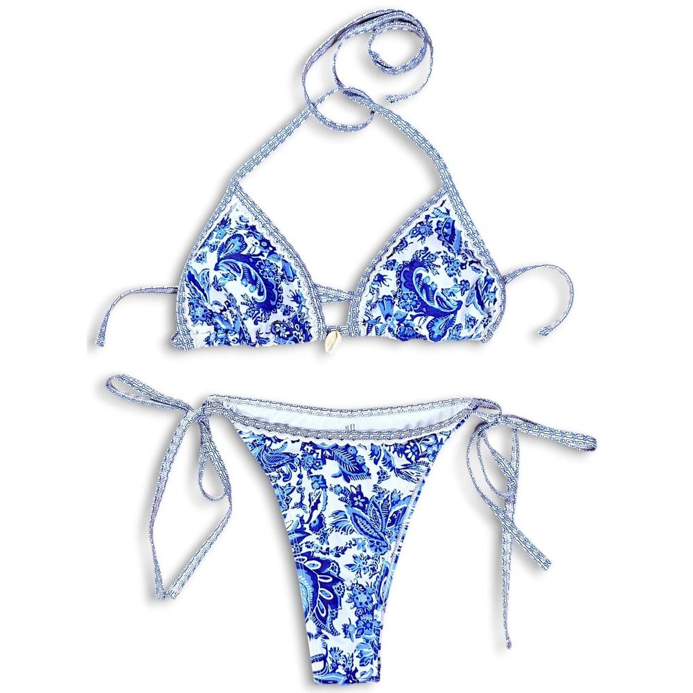 Blue Paisley Triangle Bikini Set S Tie Side Shell Charm 2 Piece